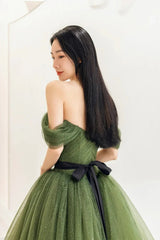 Green Sweetheart Shiny Tulle Off Shoulder Party Dresses, Green Long Prom Dresses