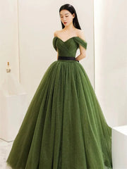 Green Sweetheart Shiny Tulle Off Shoulder Party Dresses, Green Long Prom Dresses