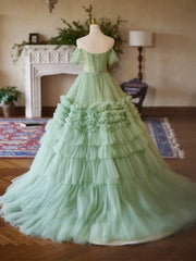 Green Sweetheart Tulle Off Shoulder Layers Long Formal Dresses, Green Sweet 16 Dresses