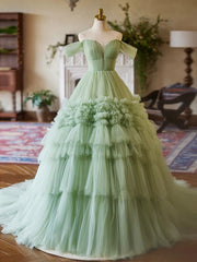 Green Sweetheart Tulle Off Shoulder Layers Long Formal Dresses, Green Sweet 16 Dresses