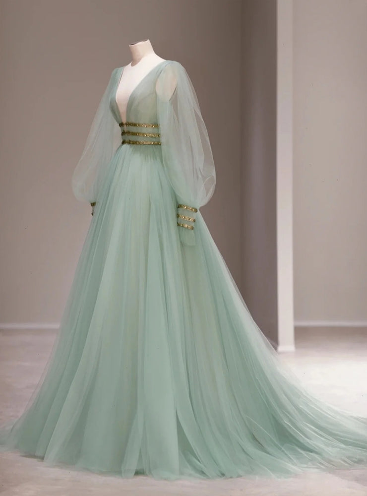 Green Tulle Deep V-neck Long Sleeve Prom Dress