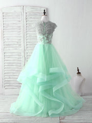 Green Tulle Lace Applique Long Prom Dresses Blue Tulle Sweet 16 Dresses