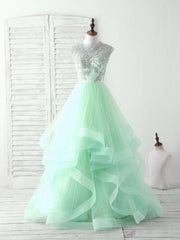 Green Tulle Lace Applique Long Prom Dresses Blue Tulle Sweet 16 Dresses