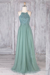 Green tulle lace long prom dress green lace evening dress