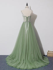 Green Tulle Lace Long Prom Dresses, Green Tulle Long Formal Graduation Dresses