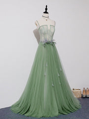 Green Tulle Lace Long Prom Dresses, Green Tulle Long Formal Graduation Dresses