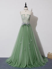 Green Tulle Lace Long Prom Dresses, Green Tulle Long Formal Graduation Dresses