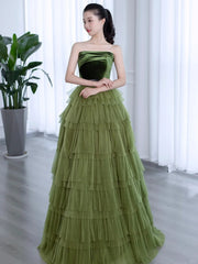 Green Tulle Layers Strapless A-line Long Party Dresses, Green Tulle Prom Dresses Evening Dresses