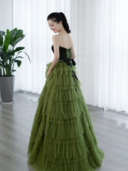 Green Tulle Layers Strapless A-line Long Party Dresses, Green Tulle Prom Dresses Evening Dresses