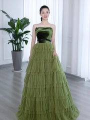 Green Tulle Layers Strapless A-line Long Party Dresses, Green Tulle Prom Dresses Evening Dresses