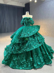 Green Tulle Off the Shoulder 3D Appliques Prom Dress