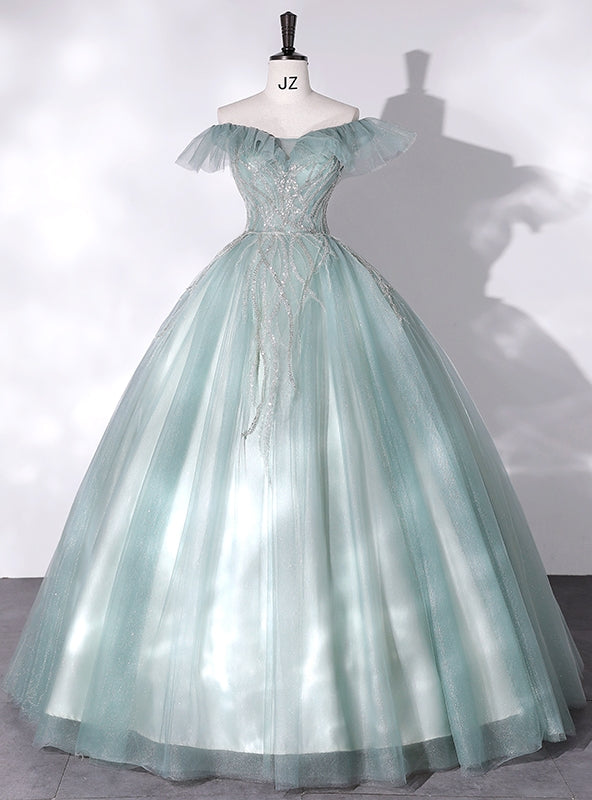 Green Tulle Off the Shoulder Beading Quinceanera Dress