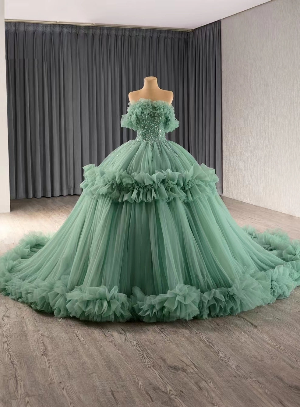 Green Tulle Off the Shoulder Sequins Prom Dress