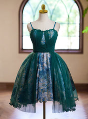 Green Tulle Print Spaghetti Straps Homecoming Dresses