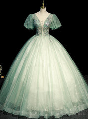 Green Tulle Puff Sleeve Sequins Beading Quinceanera Dresses