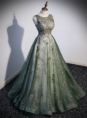 Green Tulle Round Neckline Long Party Dresses, Green Lace Prom Dresses