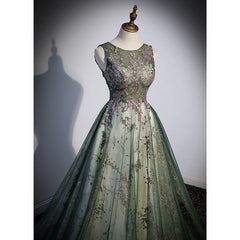 Green Tulle Round Neckline Long Party Dresses, Green Lace Prom Dresses