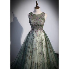 Green Tulle Round Neckline Long Party Dresses, Green Lace Prom Dresses