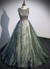 Green Tulle Round Neckline Long Party Dresses, Green Lace Prom Dresses