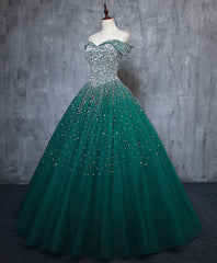 Green Tulle Sequin Long Prom Gown, Green Sequin Sweet 16 Dresses