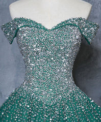 Green Tulle Sequin Long Prom Gown, Green Sequin Sweet 16 Dresses