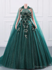 Green Tulle Sequins 3D Flower Lace Quinceanera Dress