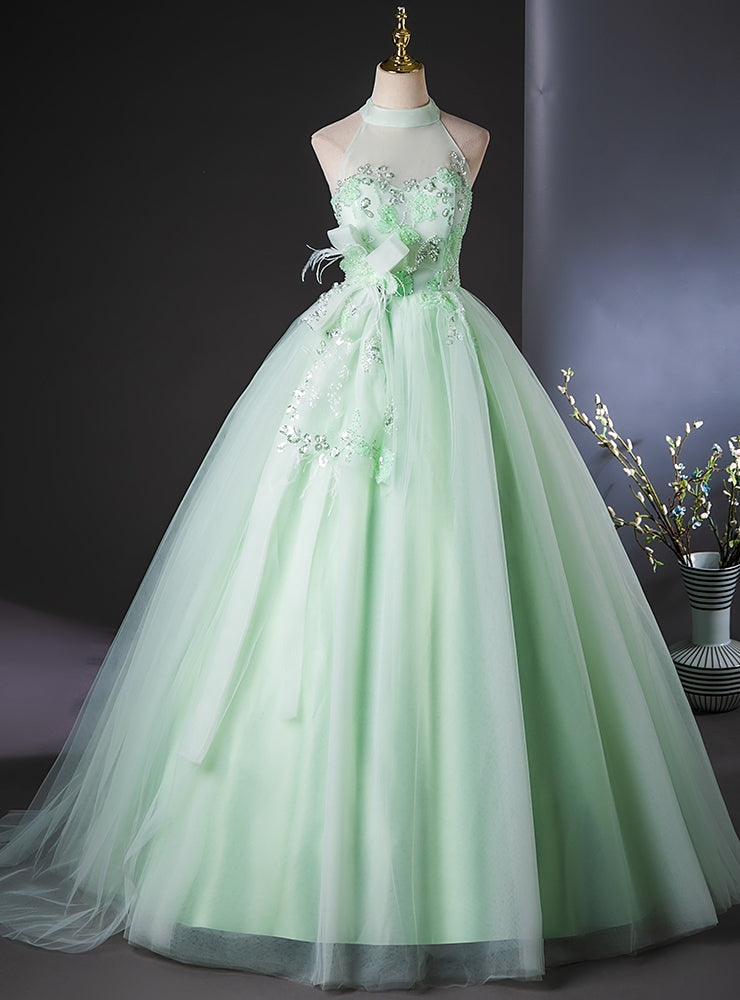 Green Tulle Sequins Halter Quinceanera Dress