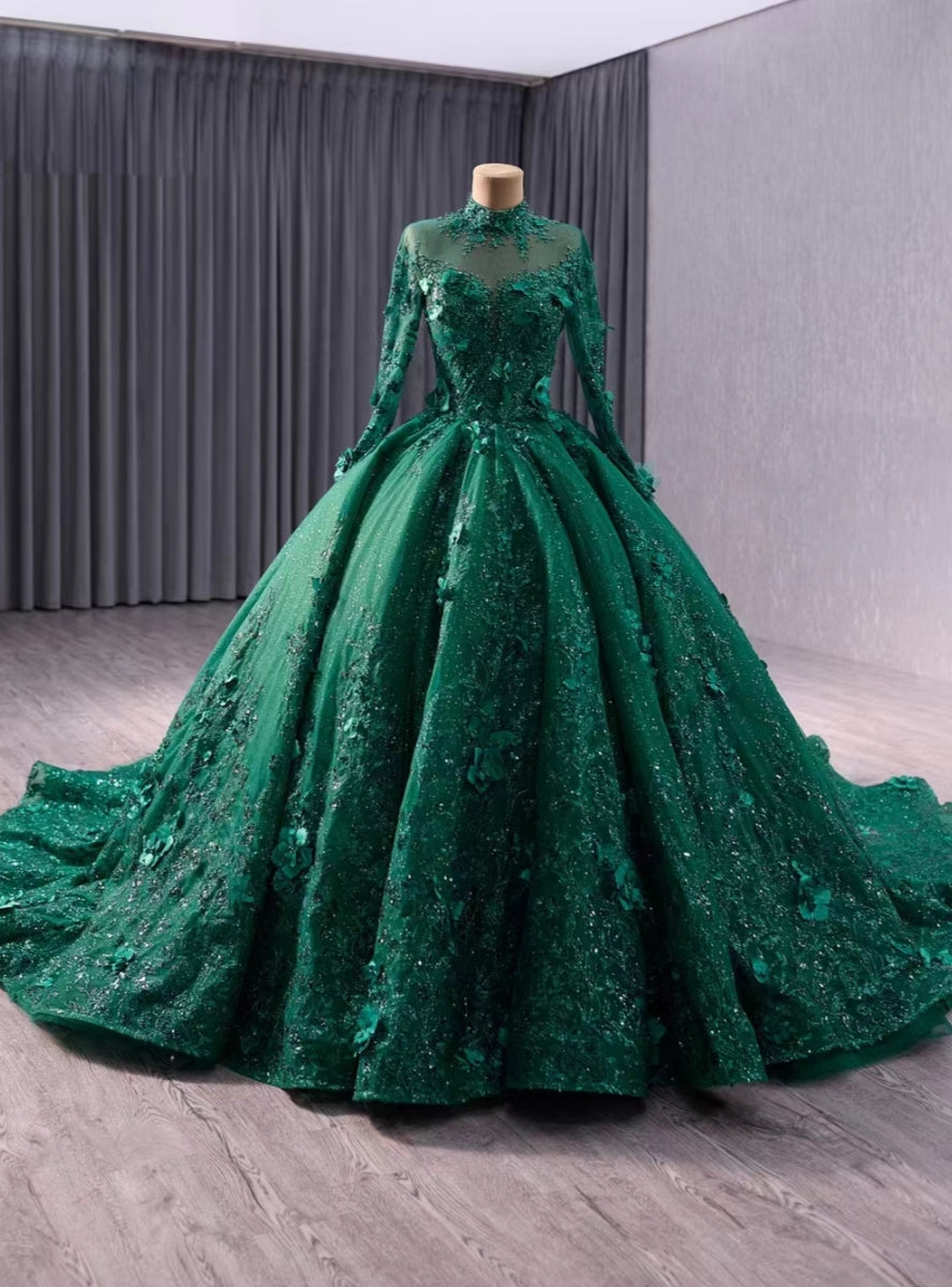 Green Tulle Sequins Long Sleeve Prom Dress