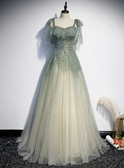 Green Tulle Sequins Spaghetti Straps Prom Dress