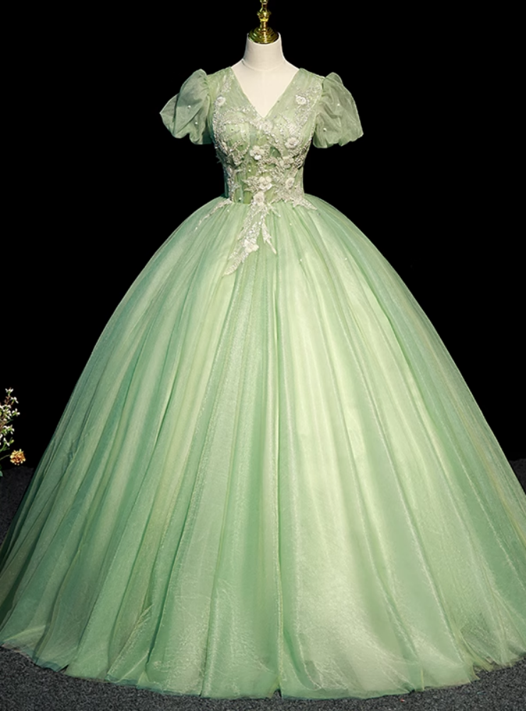 Green Tulle Short Sleeve Beading Quinceanera Dress