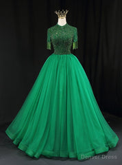 Green Tulle Short Sleeve High Neck Beading Prom Dress