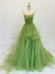 Green Tulle Spaghetti Strap Beading Prom Dresses