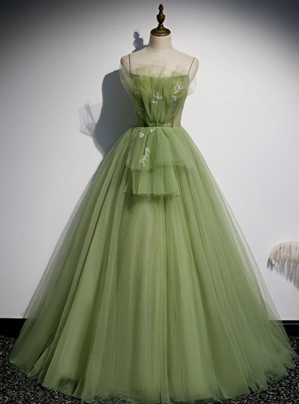 Green Tulle Spaghetti Straps Beading Prom Dress