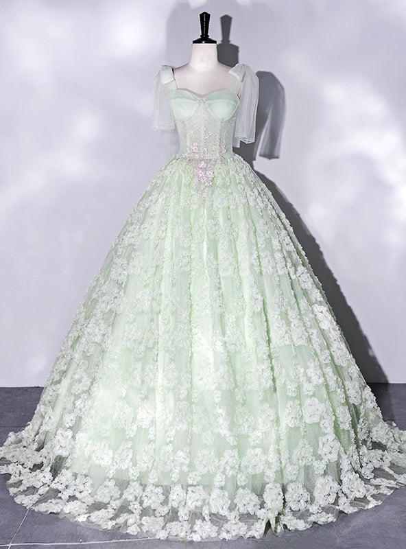 Green Tulle Straps Appliques Quinceanera Dress