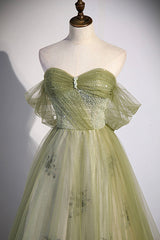 Green Tulle Sweetheart Neckline Long Prom Dresses, Green Strapless Evening Dresses