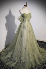 Green Tulle Sweetheart Neckline Long Prom Dresses, Green Strapless Evening Dresses