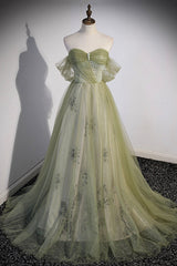 Green Tulle Sweetheart Neckline Long Prom Dresses, Green Strapless Evening Dresses