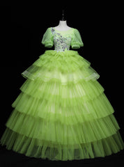 Green Tulle Tiers Puff Sleeve Appliques Quinceanera Dresses