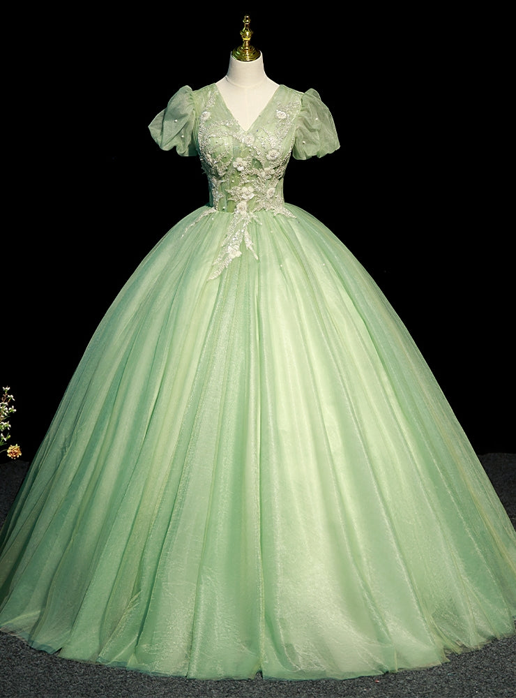 Green Tulle V-neck Short Sleeve Quinceanera Dress