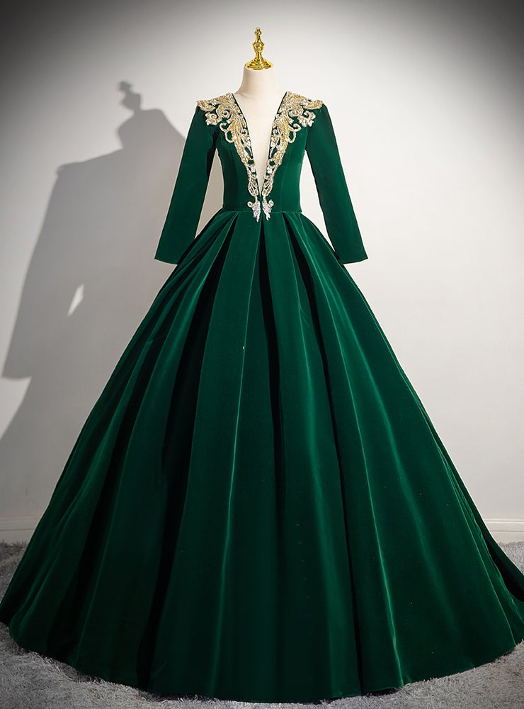 Green Velvet Long Sleeve V-neck Quinceanera Dress