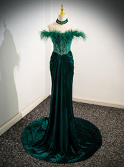 Green Velvet Off the Shoulder Feather Crystal Prom Dresses