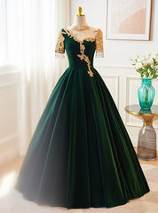 Green Velvet Short Sleeve Beading Prom Dress