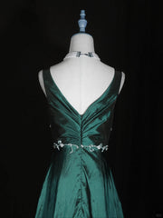 Green Vintage Style Taffeta with Lace Prom Dresses, Green Long Party Dresses