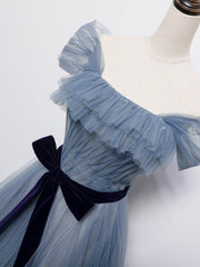 Grey-Blue Tulle Off Shoulder Long Party Dresses with Bow, A-line Floor Length Prom Dresses