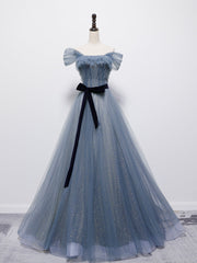 Grey-Blue Tulle Off Shoulder Long Party Dresses with Bow, A-line Floor Length Prom Dresses