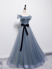 Grey-Blue Tulle Off Shoulder Long Party Dresses with Bow, A-line Floor Length Prom Dresses