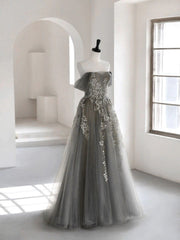 Grey Off Shoulder Tulle with Lace Applique Long Party Dresses,Grey Prom Dresses