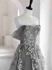 Grey Off Shoulder Tulle with Lace Applique Long Party Dresses,Grey Prom Dresses