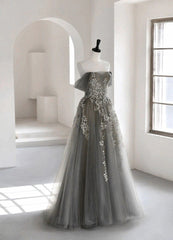 Grey Off Shoulder Tulle with Lace Applique Long Party Dresses,Grey Prom Dresses