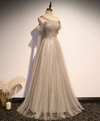 Grey One Shoulder Pearls Tulle Long Evening Dresses, Light Grey Party Dresses Formal Dresses